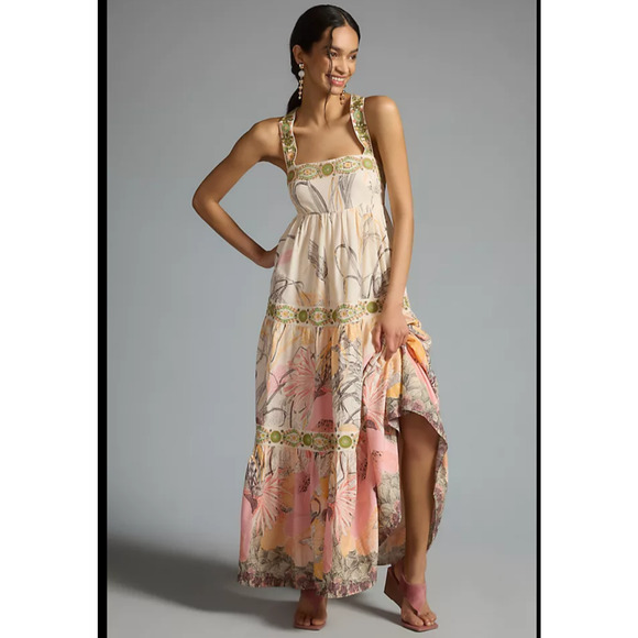 Anthropologie Square Neck Embroidered Maxi Dress XS Boho - Picture 12 of 13